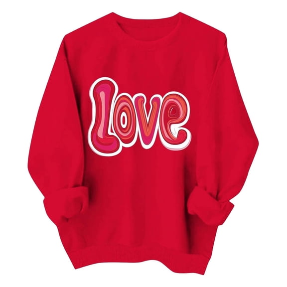 Valentines Sweatshirts for Women Love Heart Graphic Long Sleeve Round Neck Shirts Oversized Funny Casual Loose Fit Tops