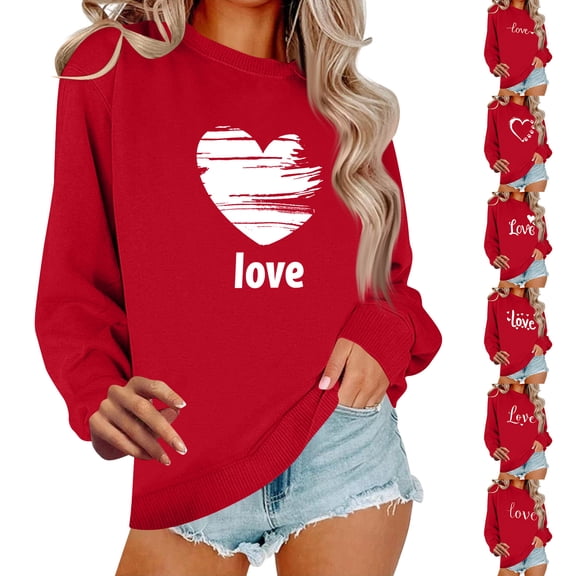 Valentines Sweatshirts for Women Love Heart Graphic Pullover Crewneck Long Sleeve Tops Valentine's Day Sweatshirt Vermilion S