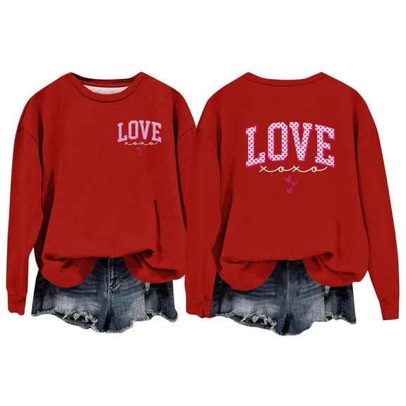 Valentines Sweatshirts for Women Love Heart Long Sleeve Oversized Shirts Crewneck Valentines the Day Valentine's Day Clothes Red 2XL