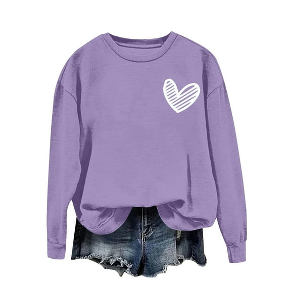 Valentines Sweatshirts for Womens Cute Love Heart Printed Shirts Casual Round Neck Valentine’s Blouses Long Sleeve Pullover Tops Hoodless Sweatshirt