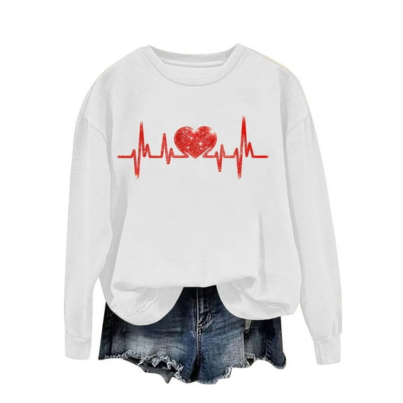 Valentines Sweatshirts for Womens Love Heart Graphic Print Shirts Valentine’s Day Casual Round Neck Blouses Loose Fitting Long Sleeve Pullover Tops