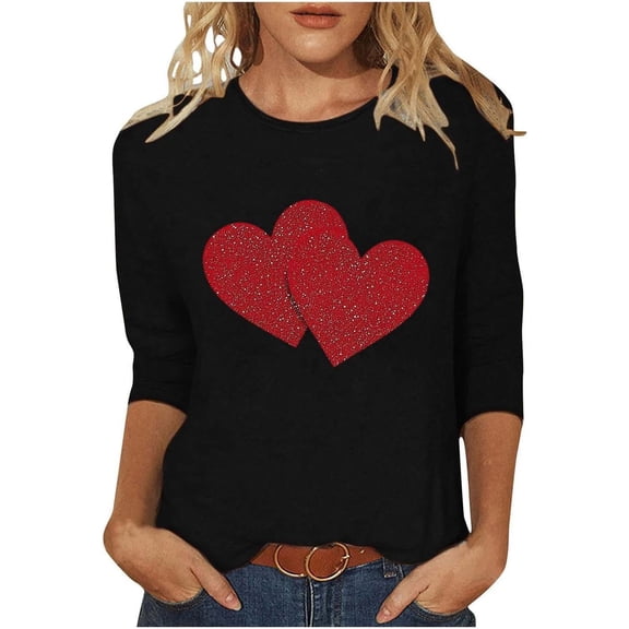 Valentines T Shirts Women Cute Funny Love Heart Graphic 3/4 Sleeve Crewneck Blouses Causal Dressy Holiday Comfy Pullover Tops