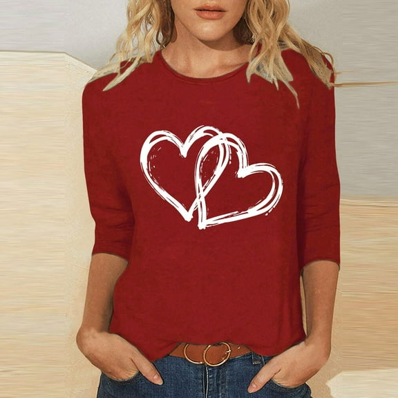 Valentines T Shirts Women, Heart Print Shirt for Women, 3/4 Sleeve Tee Women's Valentine's Day Printed Shirts Crew Neck 3/4 Sleeve T-Shirt Loose Tops