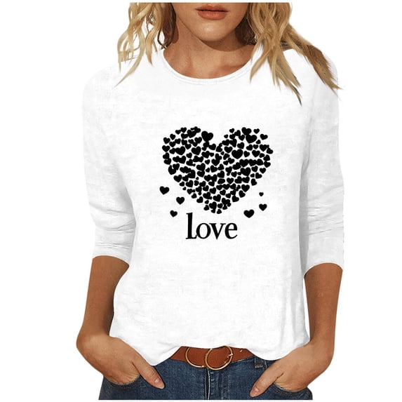 Valentines T-Shirts Womens 3/4 Sleeve Tops Crew Neck Heart Print Tees Holiday Casual Cute Plus Size Tshirts, 3XL White|Love