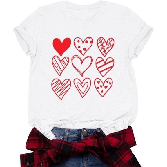 Valentines T-Shirts for Women Valentine Love Heart Printed Graphic Tshirt Cute Girls Minimalist Casual Top