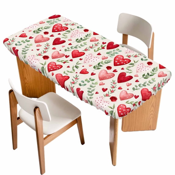 Valentines Table Cloths for 4 Foot Rectangle Tables, Pink Red Love Heart Green Botanical Spring Patio Waterproof Elastic Fitted Tablecloths, Washable Rectangular Table Cover for Camping