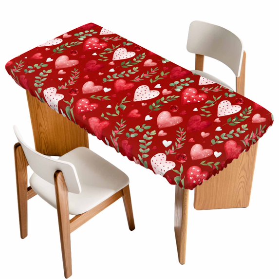 Valentines Table Cloths for 4 Foot Rectangle Tables, Pink Red Love Heart Spring Green Botanical Patio Waterproof Elastic Fitted Tablecloths, Washable Rectangular Table Cover for Camping