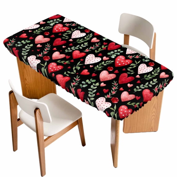 Valentines Table Cloths for 5 Foot Rectangle Tables, Pink Red Love Heart Green Botanical Black Patio Waterproof Elastic Fitted Tablecloths, Washable Rectangular Table Cover for Camping