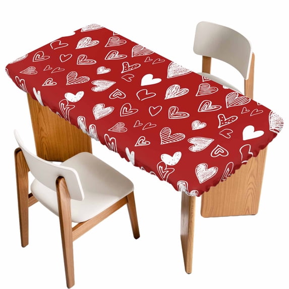 Valentines Table Cloths for 6 Foot Rectangle Tables, Romantic Red Love Heart Patio Waterproof Elastic Fitted Tablecloths, Washable Rectangular Table Cover for Camping