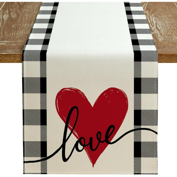 Valentines Table Runner 36x13 Inches, Love Heart Holiday Farmhouse Burlap Buffalo Plaid Indoor Anniversary Wedding Table Decorations for Home Party