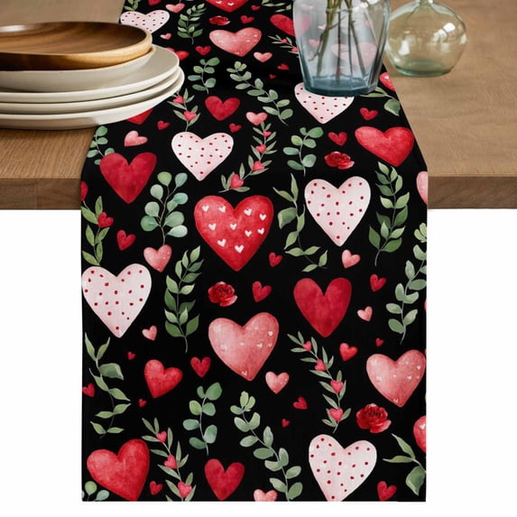 Valentines Table Runner 48 Inches, Pink Red Love Heart Green Botanical Black Bed Runner Dresser Scarves Tabletop for Indoor Outdoor Parties/Ceremony/Banquet, 13" x 48"