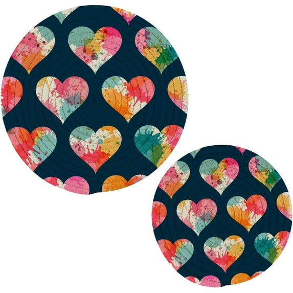 Valentines Table Trivets for Hot Dishes Watercolor Heart Love Round Trivet Mat 2PCS Kitchen Potholders Heat Resistant Pot Holder for Bowl Teapot Home Decor Gifts