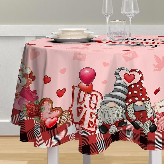 Valentines Tablecloth 60 Inches, Valentines Day Table Cloth Round, Happy Valentines Day Gnomes Truck Table Decor, Valentines Day Decorations for The Home, Kitchen, Dinner, Party