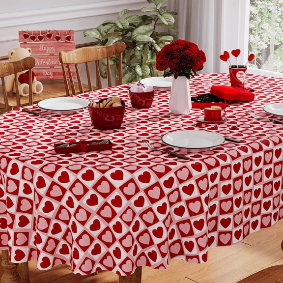 Valentines Tablecloth Oval 60x84 Inch, Washable Red Pink Love Heart Valentines Day Tablecloth Waterproof Dining Table Cloth Sweet Home Party Decorations