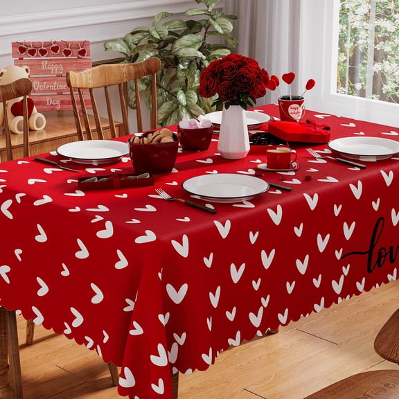 Valentines Tablecloth Rectangle 60x104 Inch, Washable Red Love Hearts Valentines Day Tablecloth Waterproof Scalloped Edge Dining Table Cloth Sweet Home Party Decorations