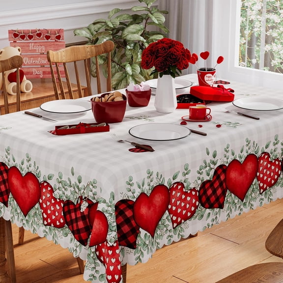 Valentines Tablecloth Rectangle 60x120 Inch, Washable Buffalo Plaid Red Love Heart Valentines Day Tablecloth Waterproof Scalloped Edge Dining Table Cloth Sweet Home Party Decorations