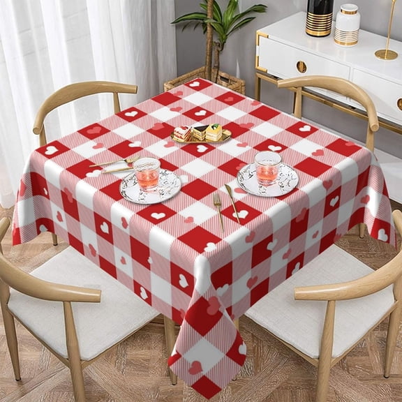 Valentines Tablecloth Square 60x60 Inch Red Pink White Love Heart Buffalo Plaid Table Cloth,Stain Resistance Checkered Holiday Table Covers for Kitchen Dining,Small Tablecloth for Party Picnic
