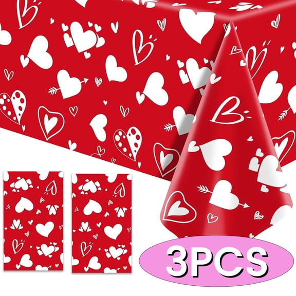 Valentines Tableclothes Heart Tablecloth Rectangle Table Covers for Romatic Night Waterproof Plastic Anniversary Table Covers 54" x 108" 3Pack Design2