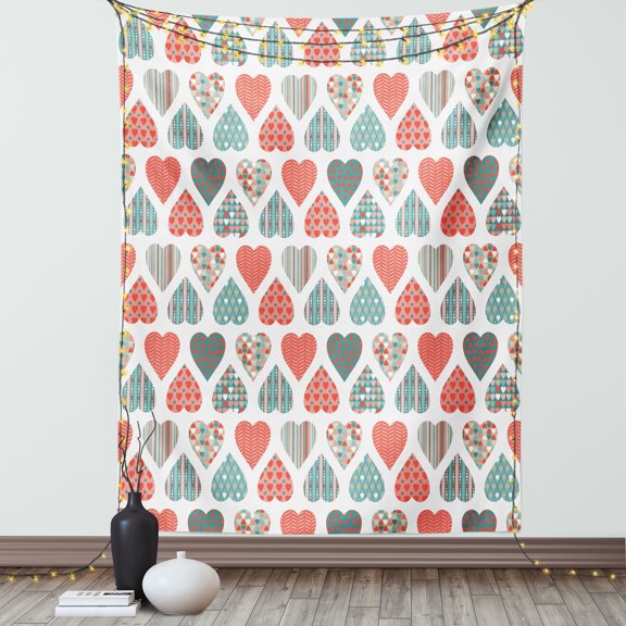 Valentines Tapestry, Retro Style Up and Down Hearts with Stripes Waves and Checkered Patterns, Wall Hanging for Bedroom Living Room Dorm Decor, 40W X 60L Inches, Teal Coral White, by Ambesonne
