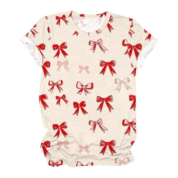 Valentines Tee for Women Short Sleeve Crewneck Bows Print Ruffle Valentines Outfits Holiday Tops Plus Size Sexy tShirts Dressy Blouse