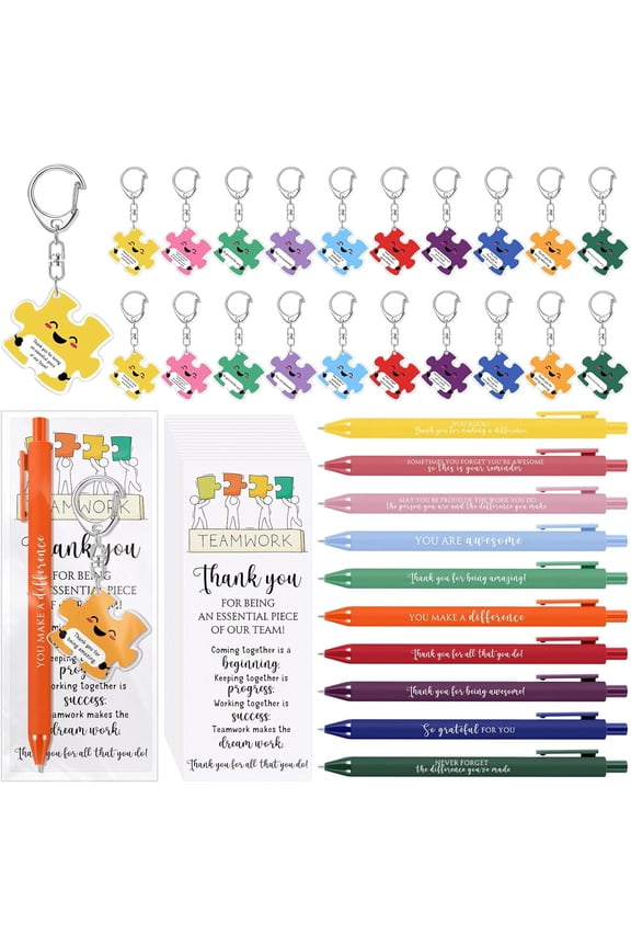 Valentines Thank You Appreciation Gifts for Employee Coworker Office Staff Teacher Volunteer Bulk Team Work Puzzle Keychains & Ballpoint Pens(60 Set,Inspirational)