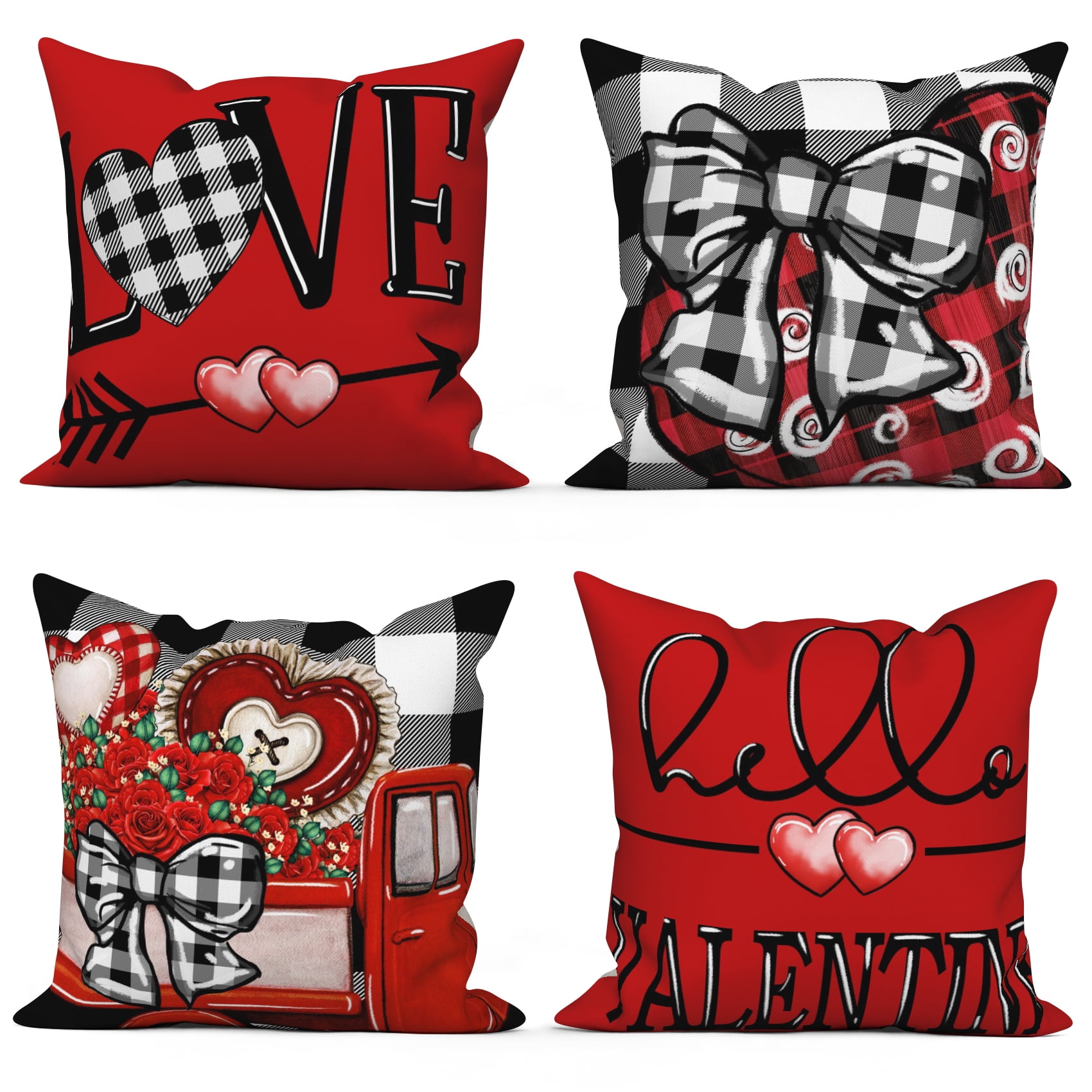 Valentines Throw Pillow Cover for Home Decor Red Love and Truck Linen Decorative Pillowcase 20x20,Set of 4