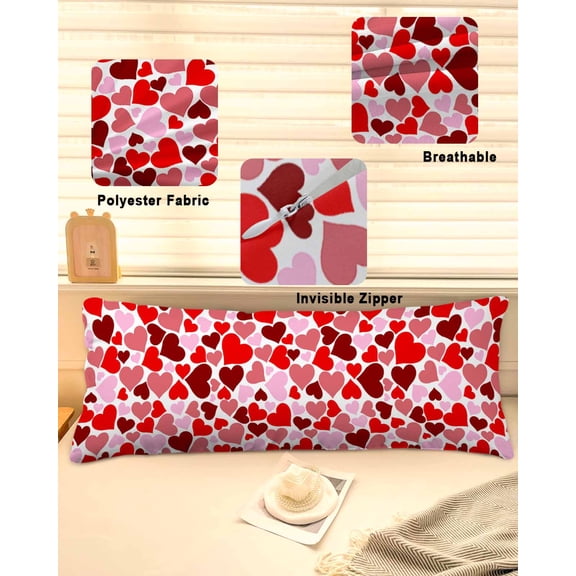 Valentines Throw Pillow Covers, Red Pink Love Heart Soft Breathable Pillow Cases with Invisible Zipper for Sleeping, Long Body Pillowcases for Couch Bed Sofa Chair 20x54 Inches