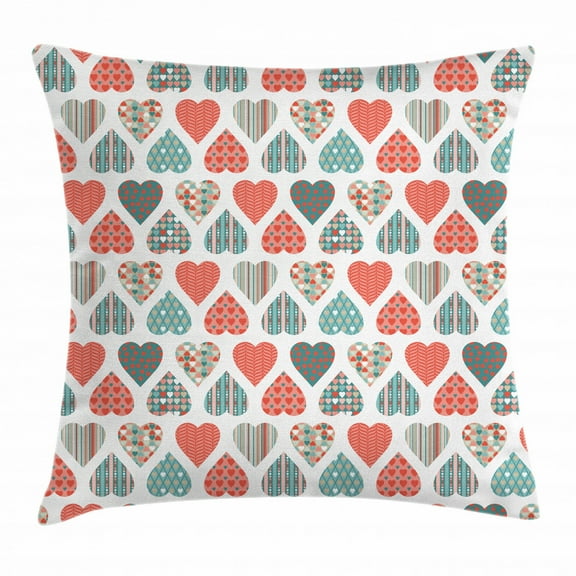 Valentines Throw Pillow Cushion Cover, Retro Style Up and Down Hearts with Stripes Waves and Checkered Patterns, Decorative Square Accent Pillow Case, 18 X 18 Inches, Teal Coral White, by Ambesonne