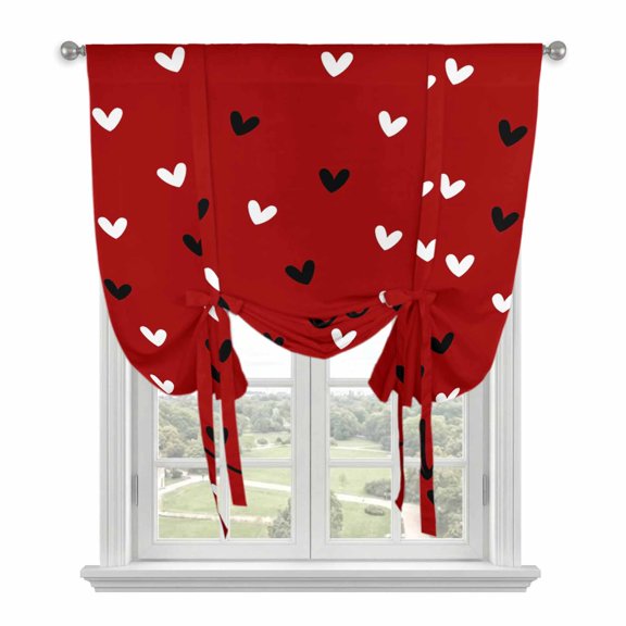 Valentines Tie Up Curtains for Windows, Adjustable Rod Pocket Valance Shade, Black White Love Heart Red Light Filtering Window Treatment for Kitchen Bedroom Living Room 42"x 63"