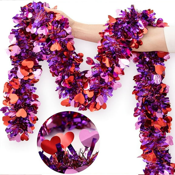 Valentines Tinsel Garland - Valentines Day Decoration Garland Metallic Tinsel Garland with Confetti for Indoor Outdoor Holiday Wall Tree Wedding Party Home Ornament, 196.8 Inch