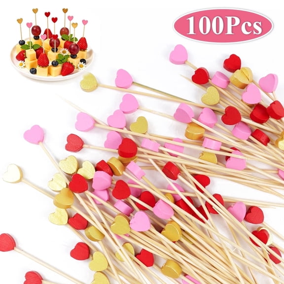 Valentines Heart Toothpicks - 100PCS Heart Bamboo Cocktail Sticks for Fruit Drink Dessert Valentines Wedding Birthday Party Decoration ,Pink,Good,Red