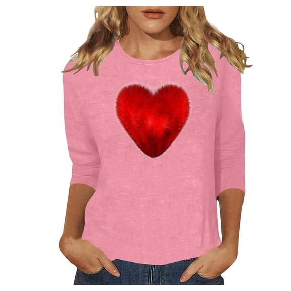 Valentines Top Women 2026 Cute Funny Love Heart Graphic 3/4 Length Sleeve Crewneck T-Shirts Valentines Gift Casual Classic Fit Tees