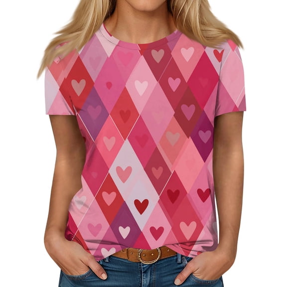 Valentines Tops for Women Crew Neck Lovely Heart Shirts Letter Printed Short Sleeve Plus Size Ladies T-shirts Love You Patterned Romantic Graphtic Pink Red Blouses Hot Pink 2XL