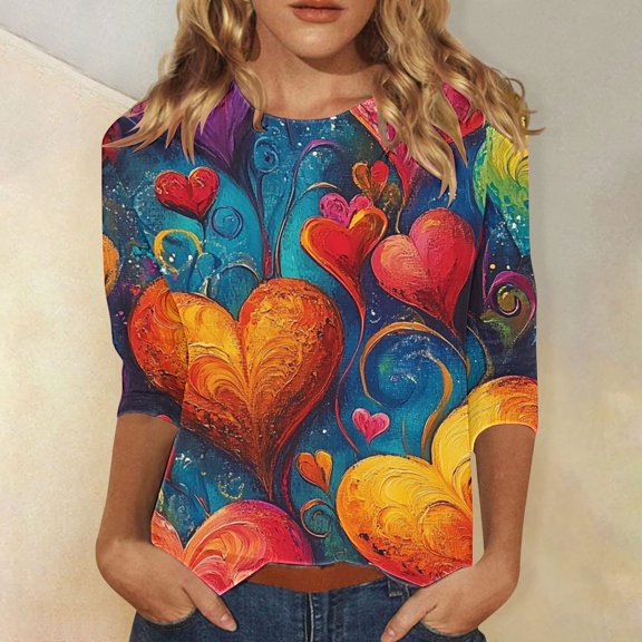 Valentines Tops Women, Heart Print T Shirt, Women 3/4 Sleeve Blouses Ladies Loose Casual Valentine's Day Printed Round Neck Three Quarter Sleeve T-Shirts Top