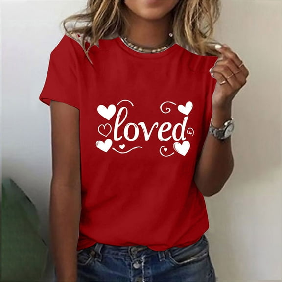 Valentines Tops for Women, Love Letter Print T Shirt, Women's Short Sleeve Tee Ladies Valentine's Day Printed Round Neck Short Sleeved T-Shirt Loose Casual Blouse Top