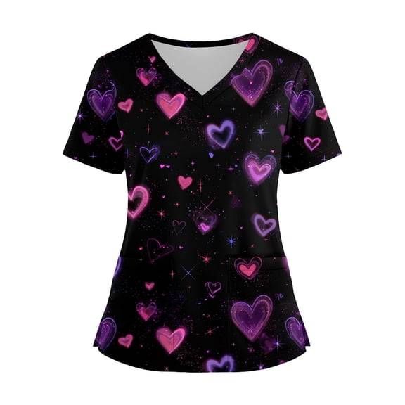 Valentines Tops for Women Heart Printed Stretchy Scrubs V Neck Short Sleeve Nursing Working Uniform with Pocket 2025 Black XL