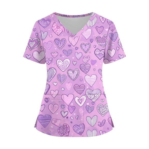 Valentines Tops for Women Heart Printed Stretchy Scrubs V Neck Short Sleeve Nursing Working Uniform with Pocket 2025 Purple Pink XL