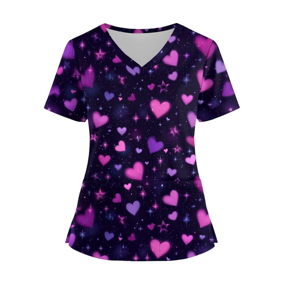 Valentines Tops for Women Heart Printed Stretchy Scrubs V Neck Short Sleeve Nursing Working Uniform with Pocket 2025 Purple XL