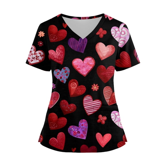 Valentines Tops for Women Heart Printed Stretchy Scrubs V Neck Short Sleeve Nursing Working Uniform with Pocket 2025 Red XL
