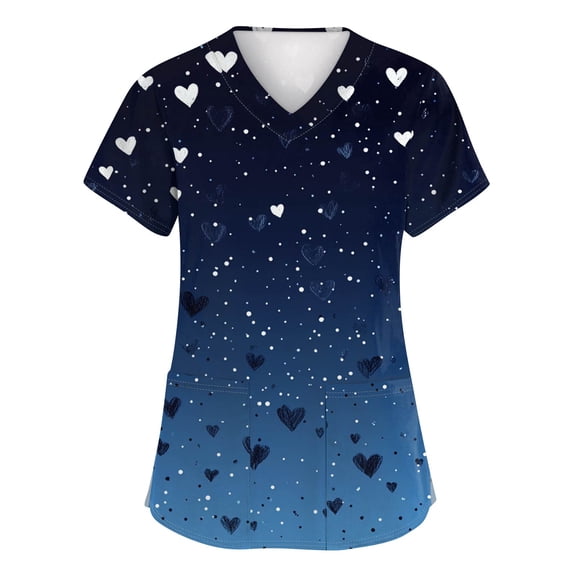 Valentines Tops for Women Heart Printed Stretchy Scrubs V Neck Short Sleeve Nursing Working Uniform with Pocket Dark Blue M