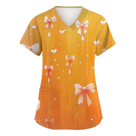 Valentines Tops for Women Heart Printed Stretchy Scrubs V Neck Short Sleeve Nursing Working Uniform with Pocket Yellow M