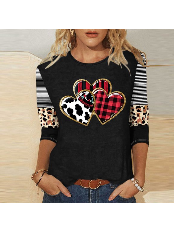 Valentines Tshirt, Leopard Heart Shirts for Women, 3/4 Sleeve Tops Casual Women Valentine's Day Love Festival Leisure Printed Round Neck Three Quarter Sleeve T-Shirt Loose Top Blouse