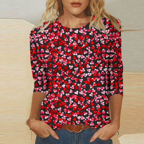 Valentines Tshirts, Women Heart T Shirt, Ladies 3/4 Length Sleeve Tops Fashion Women's Tees Casual Crewneck 3/4 Sleeved T Shirt Ladies Tops Blouses Shirts