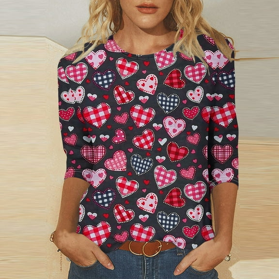 Valentines Tshirts, Women Heart T Shirt, Ladies 3/4 Length Sleeve Tops Fashion Women's Tees Casual Crewneck 3/4 Sleeved T Shirt Ladies Tops Blouses Shirts