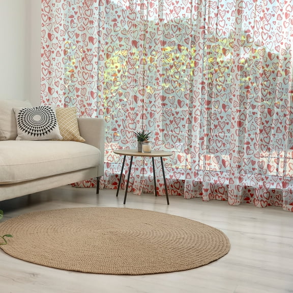 Valentines Tulle Curtains with Rod Pocket, Red and White Pattern with Sketchy Hearts Dots Arrows Romance and Love Theme, Sheer Drape for Wedding Party 2 Panels, 7 Sizes, Scarlet White, by Ambesonne