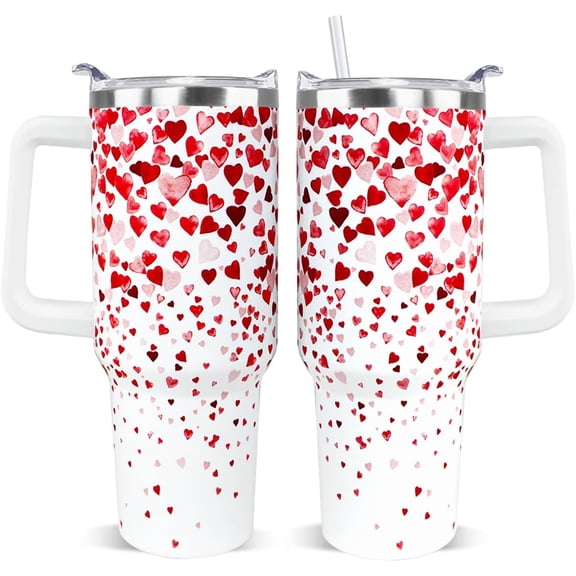 Valentines Tumbler 40 oz Love Heart Tumbler Coffee Mugs Watercolor Heart Leak Proof Cups with Handle and Straw Stainless Steel Insulated Water Bottle for Valentine Decor Gifts for Women Her(1PCS)