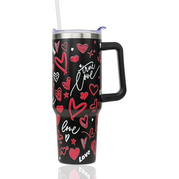Valentines Tumbler 40 oz with Handle & Straw - Stainless Steel Insulated Cup, Leak Proof Lid Reusable, Valentine''s Gifts for Her