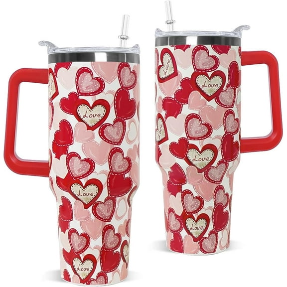 Valentines Tumbler with Handle 40 oz Red Love Hearts Coffee Travel Mug Stainless Steel Insulated Cup Valentines Anniversary Wedding Birthday Gifts for Women