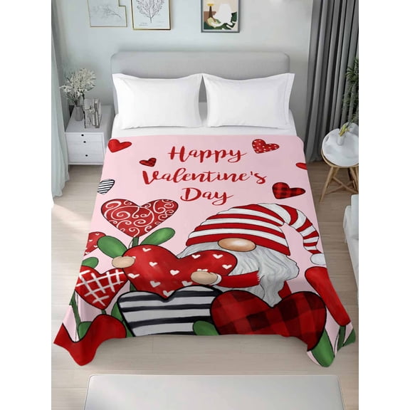 Valentines Twim Size Flat Sheet, Wrinkleproof & Fadeproof Cooling Flat Bed Sheet Only, Red Love Heart Botanical Gnomes Pink Breathable Soft Bedding Top Sheets 66 x 96 Inches