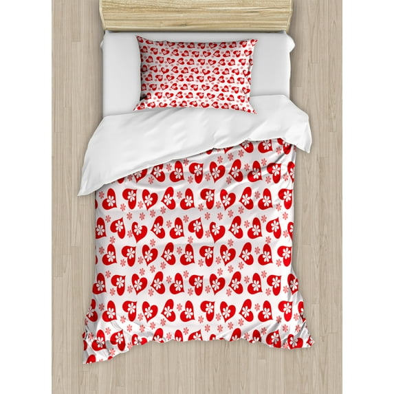 Valentines Twin Size Duvet Cover Set, Romantic Feelings Illustration with Hearts and Flowers Valentines Day, Decorative 2 Piece Bedding Set with 1 Pillow Sham, Dark Coral White, by Ambesonne